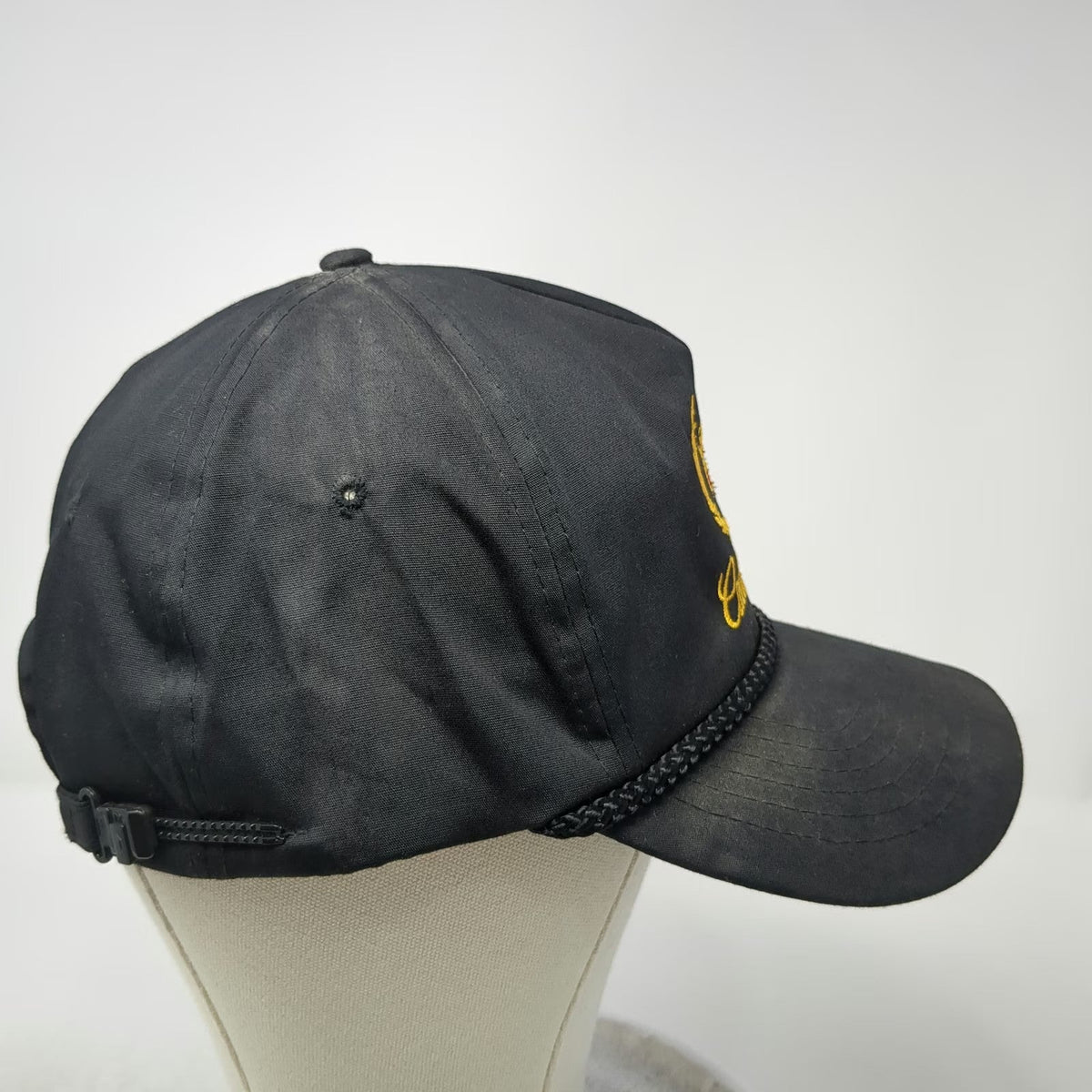 Cadillac Logo 5 Panel Black Gold OS Slideback Rope Brim Embroidered Hat Vintage