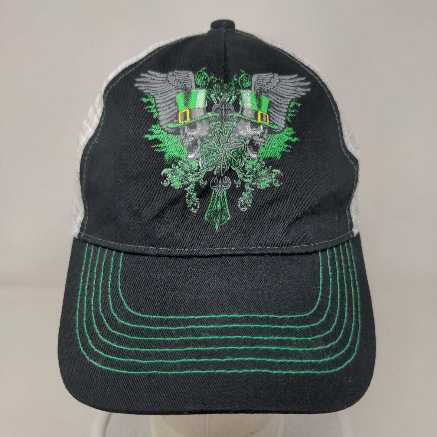 St. Patrick's Day Skull Wings Strapback Mesh Back Trucker Hat Black OSFM