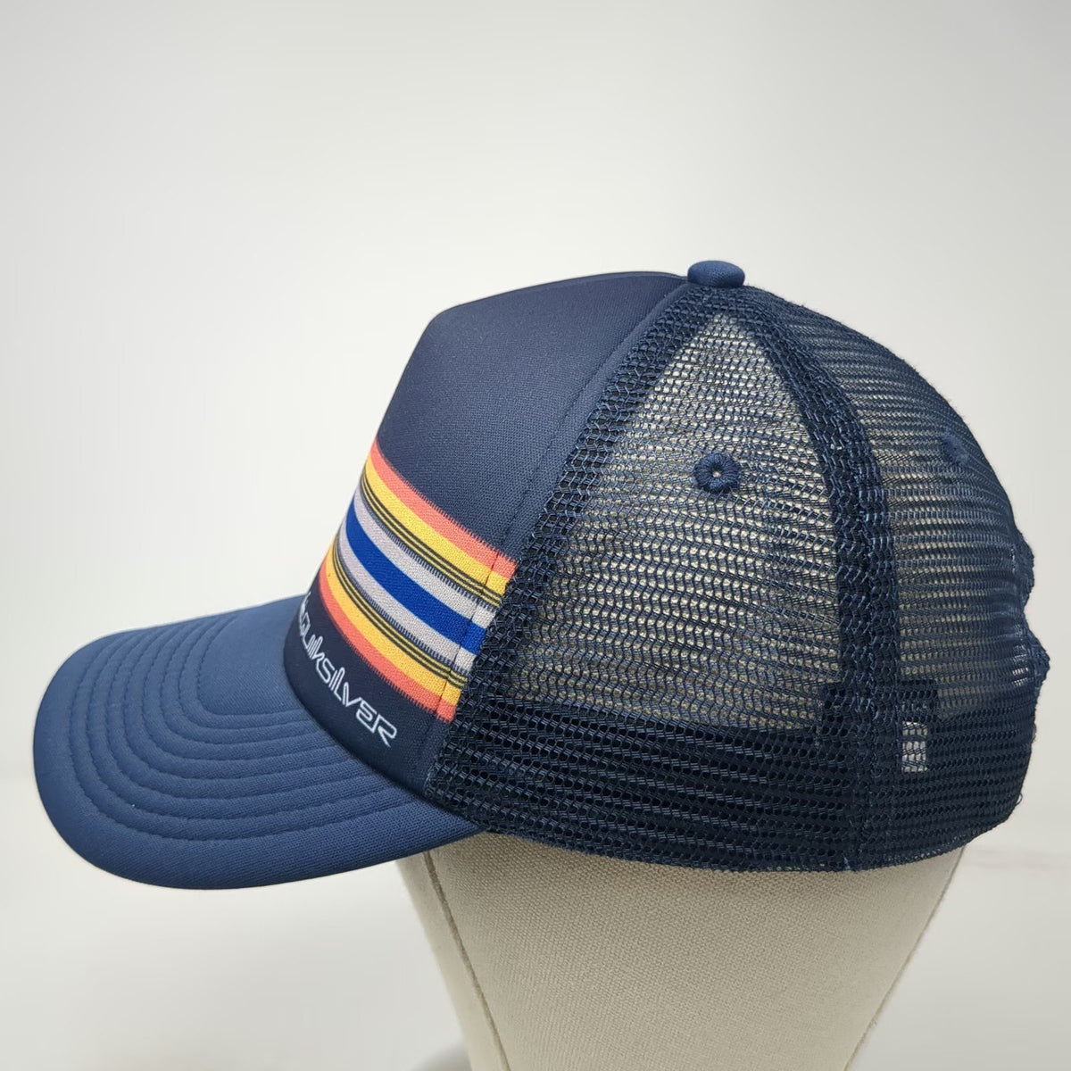 Quiksilver Trucker Hat Blue One Size Striped Mountain Wave Logo Mesh Snapback