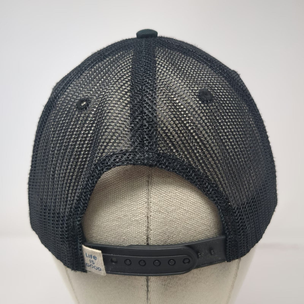 Life is Good Trucker Hat Black One Size Mesh Back Snapback Mountain Landscape