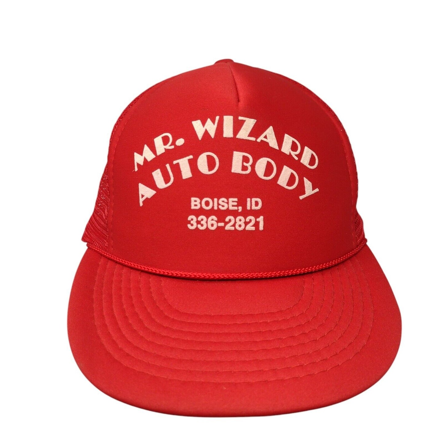 Mr. Wizard Auto Body Snapback Trucker Hat Red OSFA Adjustable Mesh Back Nissin