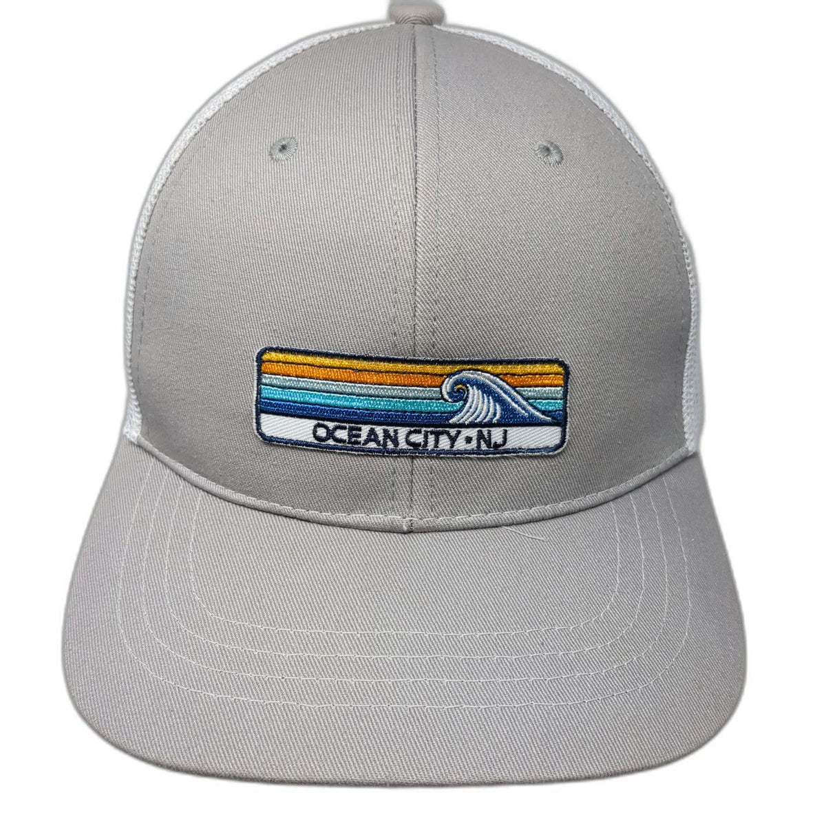 Triangle Trucker Hat Gray One Size Ocean City NJ Wave Patch Mesh Snapback Hat