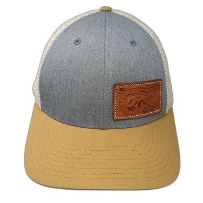 Richardson Trucker Hat Gray Brown Beige L Mesh Snapback Tooled Leather Patch 115