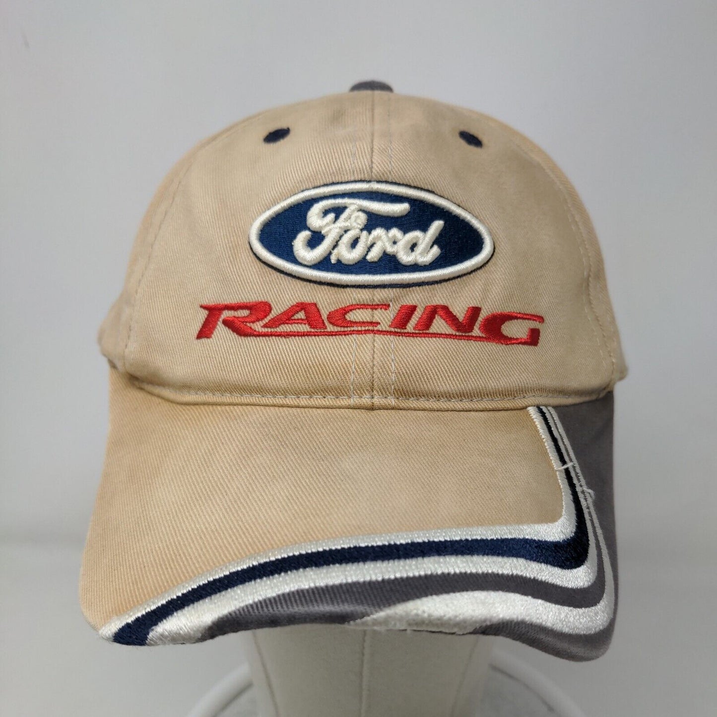NASCAR Checkered Flag Men's Strapback Hat Tan Ford Racing Embroidered Logo