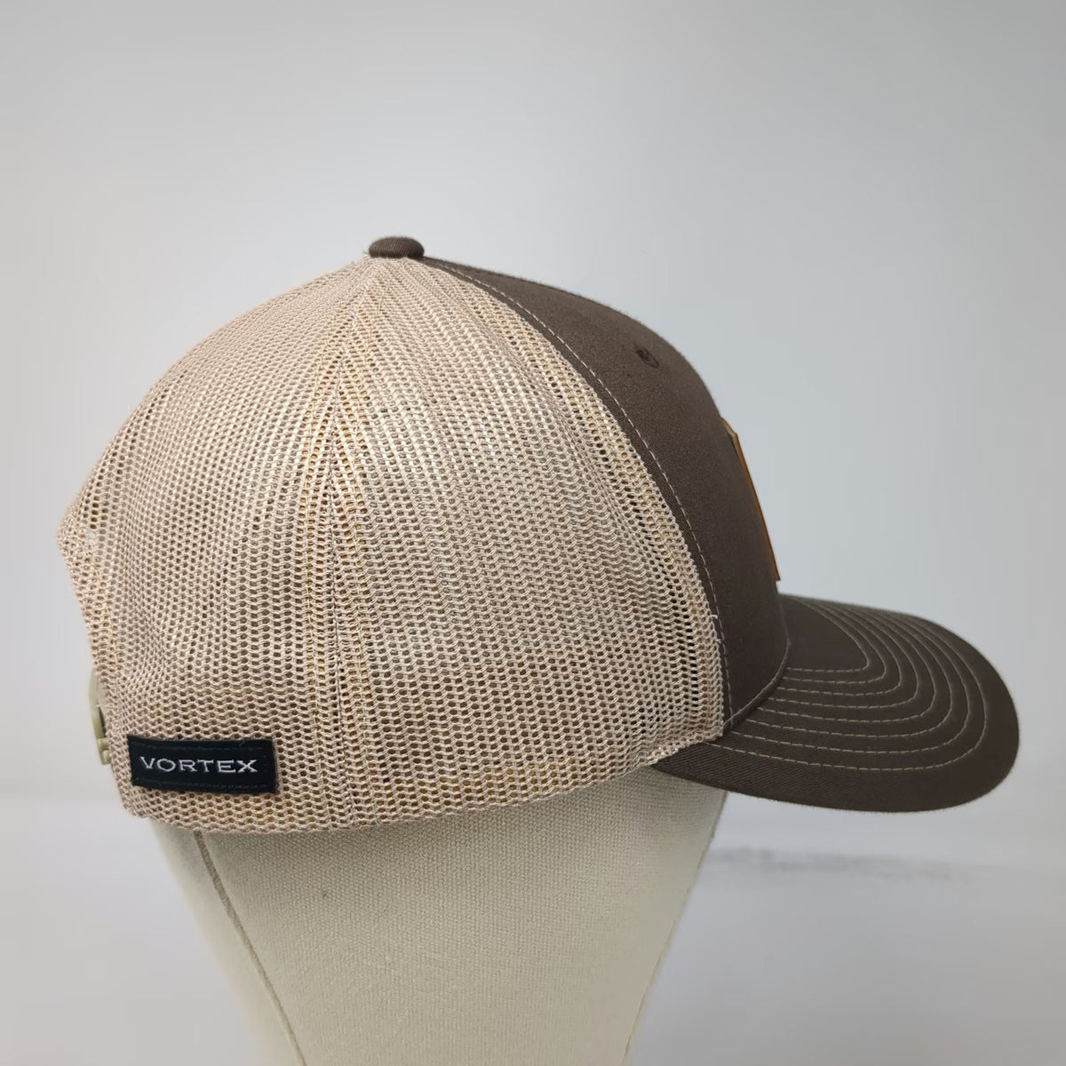 Vortex Trucker Hat Brown One Size Mesh Back Snapback Leather Logo Patch Cap