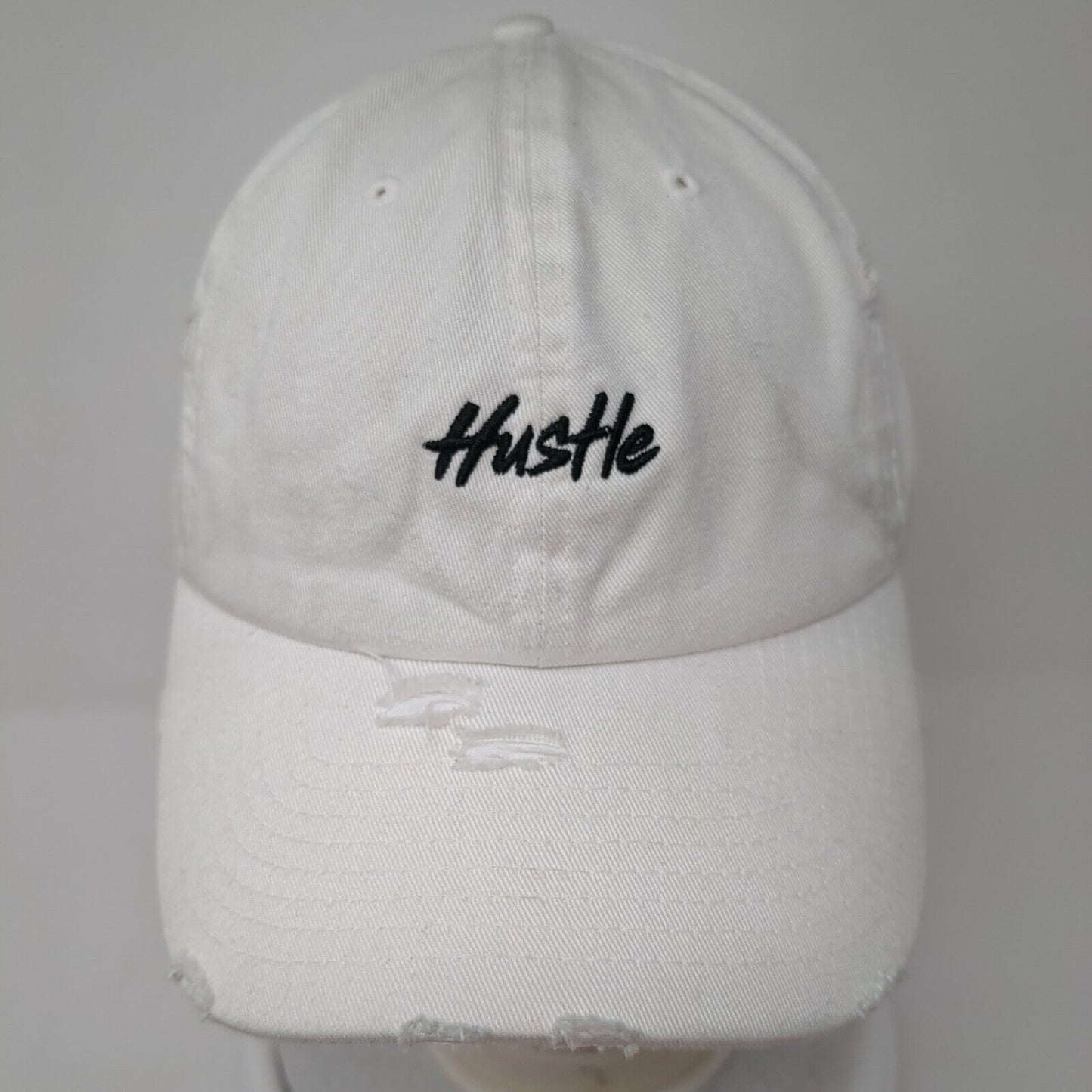 Hustle Slideback Hat White One Size Adjustable Embroidered Distressed KB ETHOS