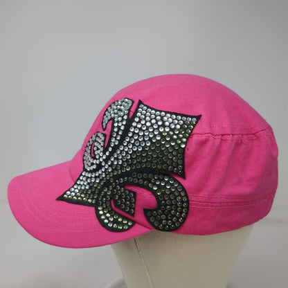 Pink Army Cap One Size Rhinestone Fleur-de-lis Cotton Strapback Hat Bling Gems