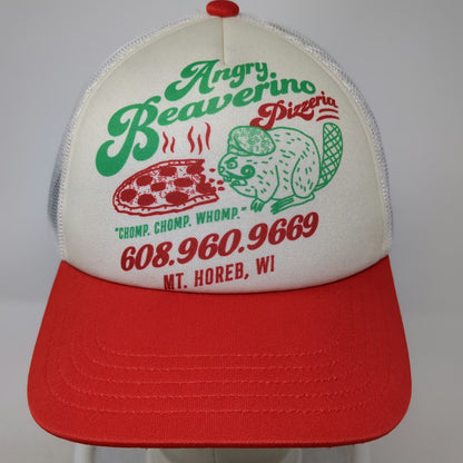Duluth Trucker Hat White Red One Size Angry Beaverino Pizzeria Wisconsin Mesh
