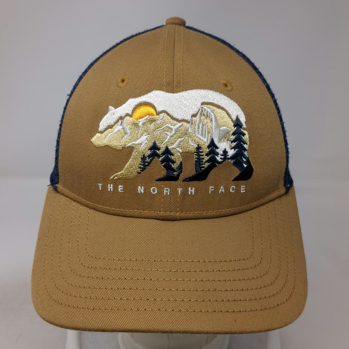 The North Face Trucker Hat Brown Blue One Size Bear Mountain Graphic Mesh Back