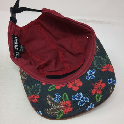 UNHLY 5 Panel Red Brown One Size Hat Floral Underbrim Slideback Embroidered Logo
