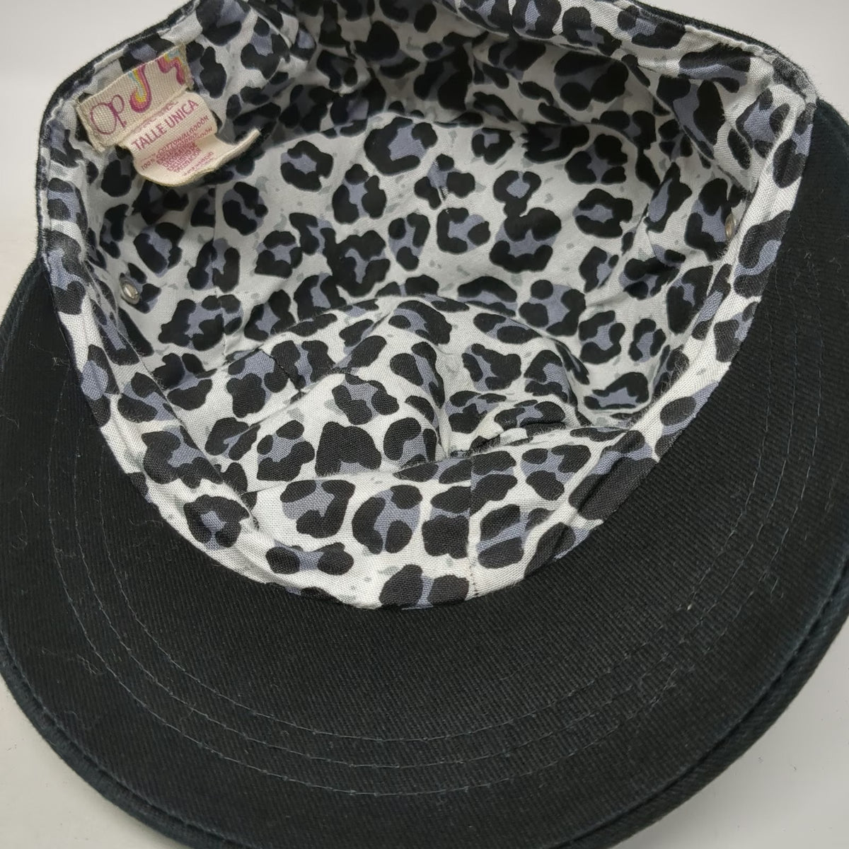 OP Army Cap Hat Black One Size Leopard Print Lining Side Grommets Cotton Flat