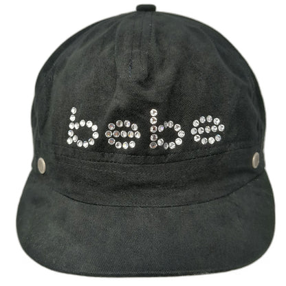 Bebe Army Cap Black One Size Rhinestone Logo Side Vents Slideback Cotton Hat