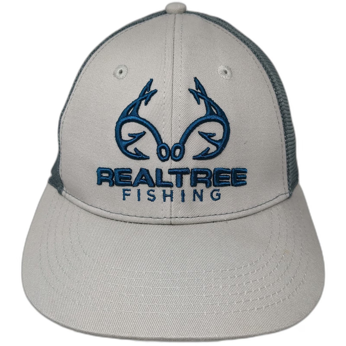 Realtree Baseball Cap Gray Blue M Fishing Hook Logo Mesh Back Stretch Fitted Hat