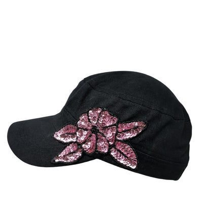 Parquet Slideback Cadet Army Hat Black One Size Sequin Beaded Flower