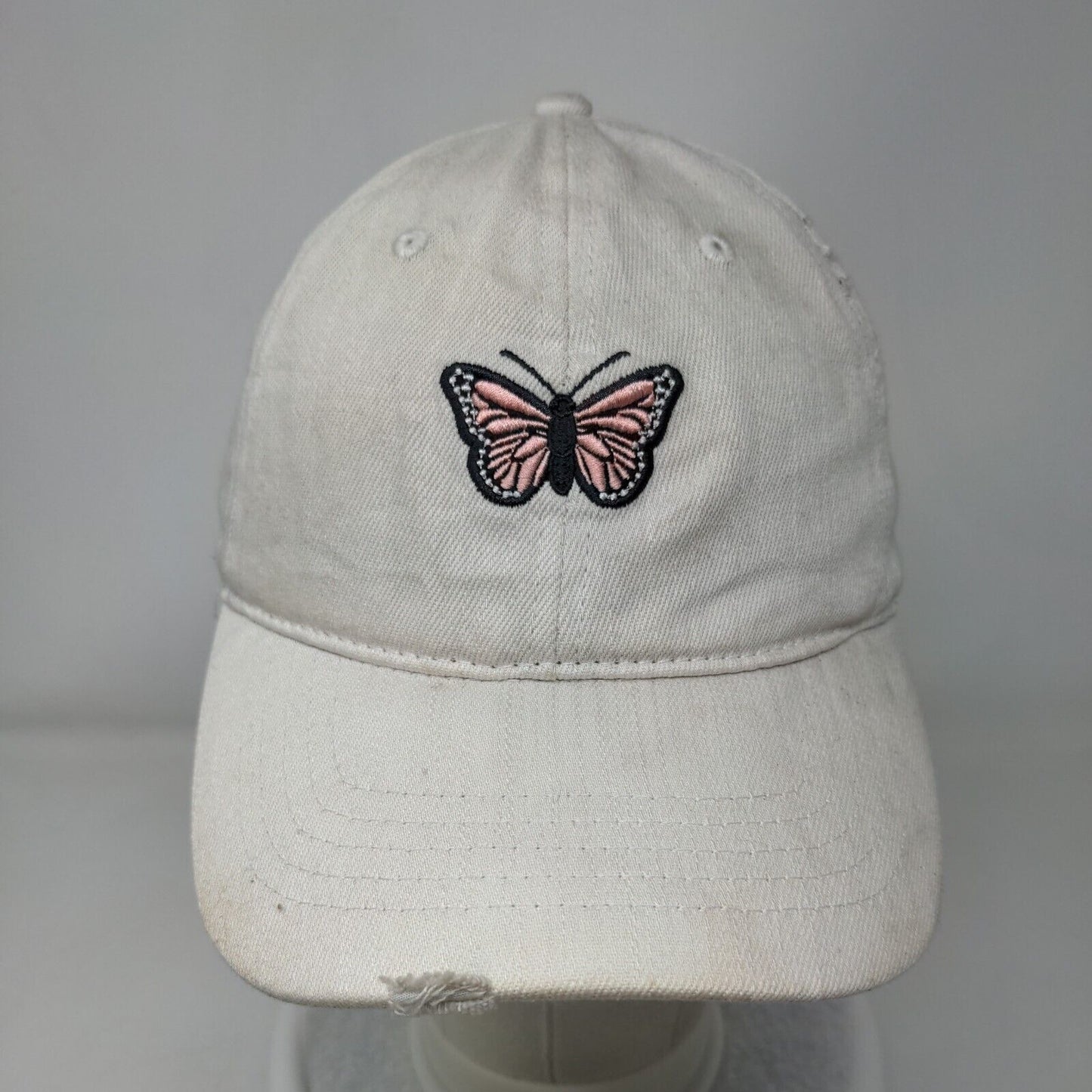 Butterfly Slideback Hat Cream OSFM Embroidered Leather Strap 6 Panel
