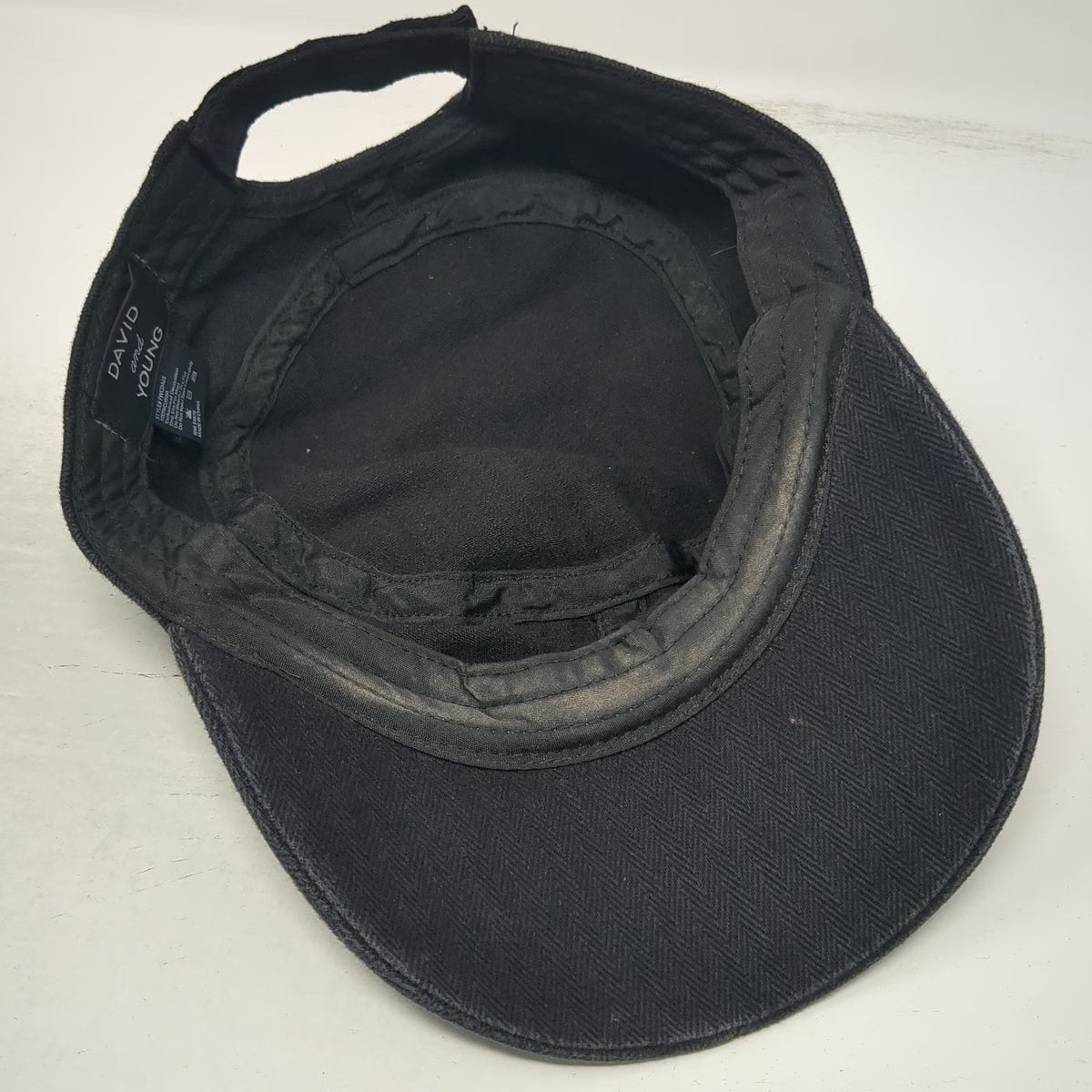 David and Young Army Cap Black One Size Herringbone Cotton Strapback Hat Cadet