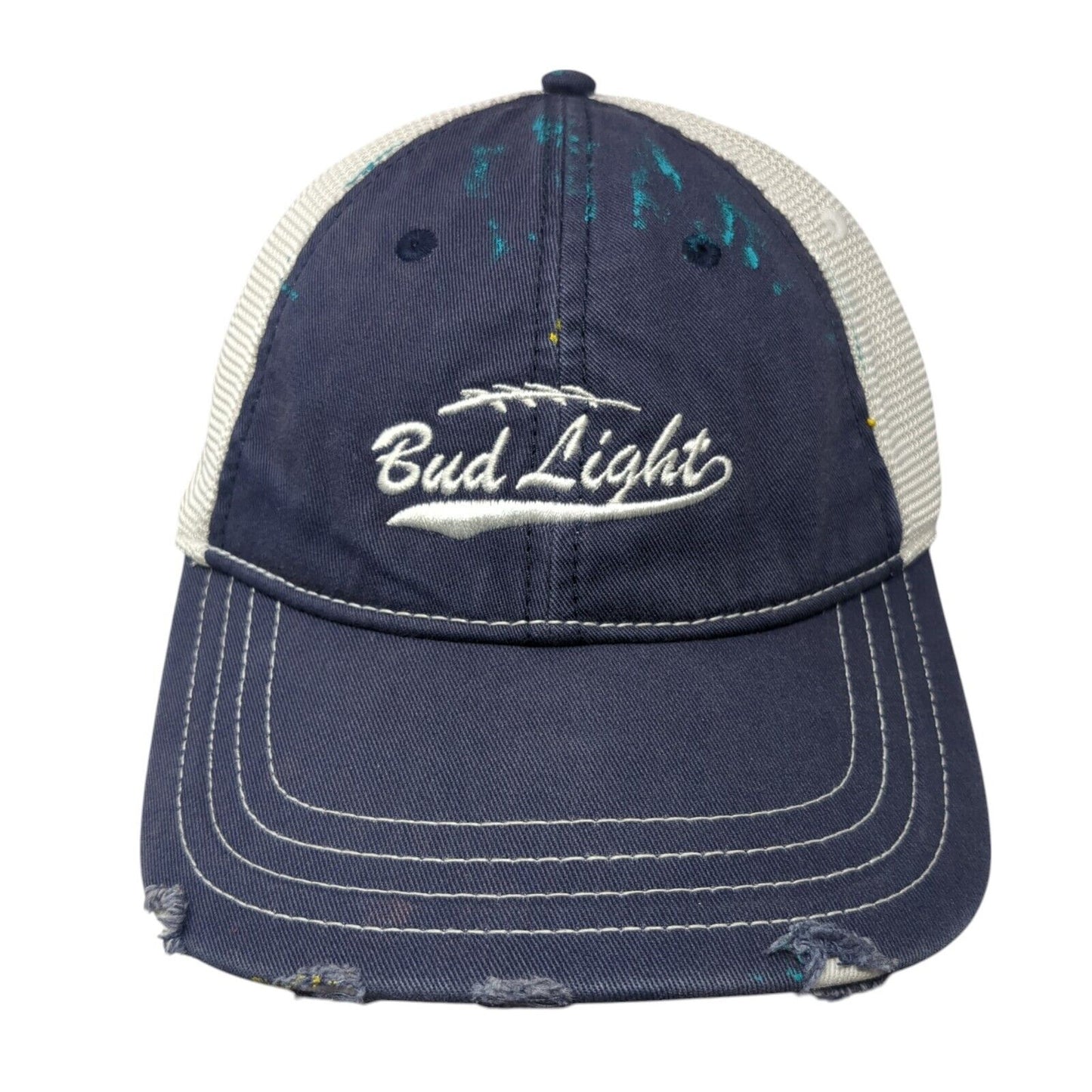Bud Light Strapback Trucker Hat Blue One Size Adjustable Mesh Back Distressed