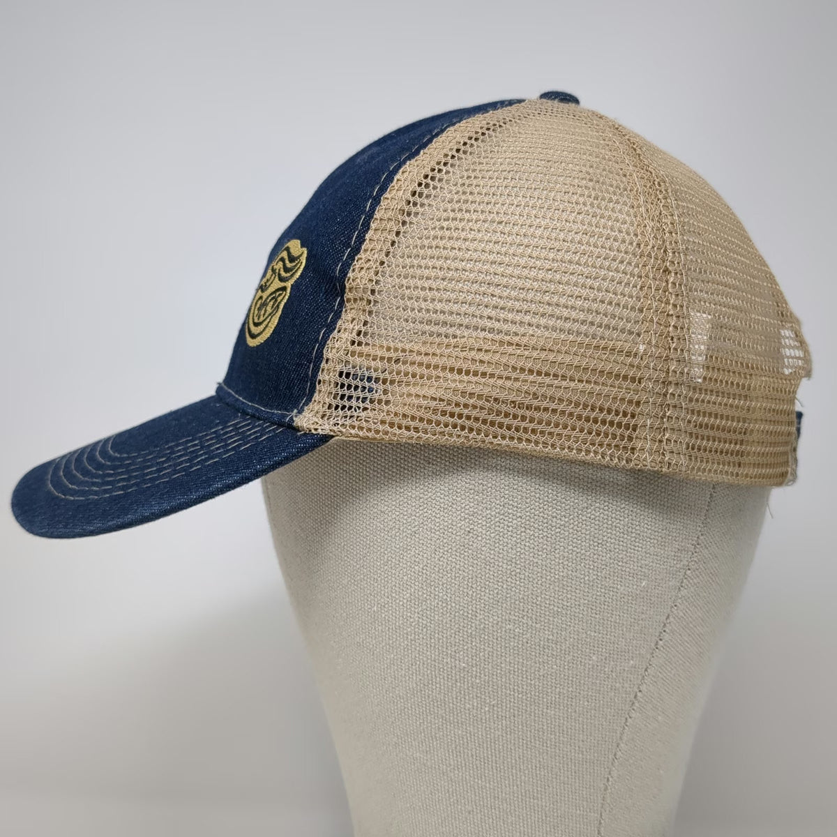 Baseball Cap Blue One Size Mesh Back Denim Embroidered Logo Strapback Hat Beige