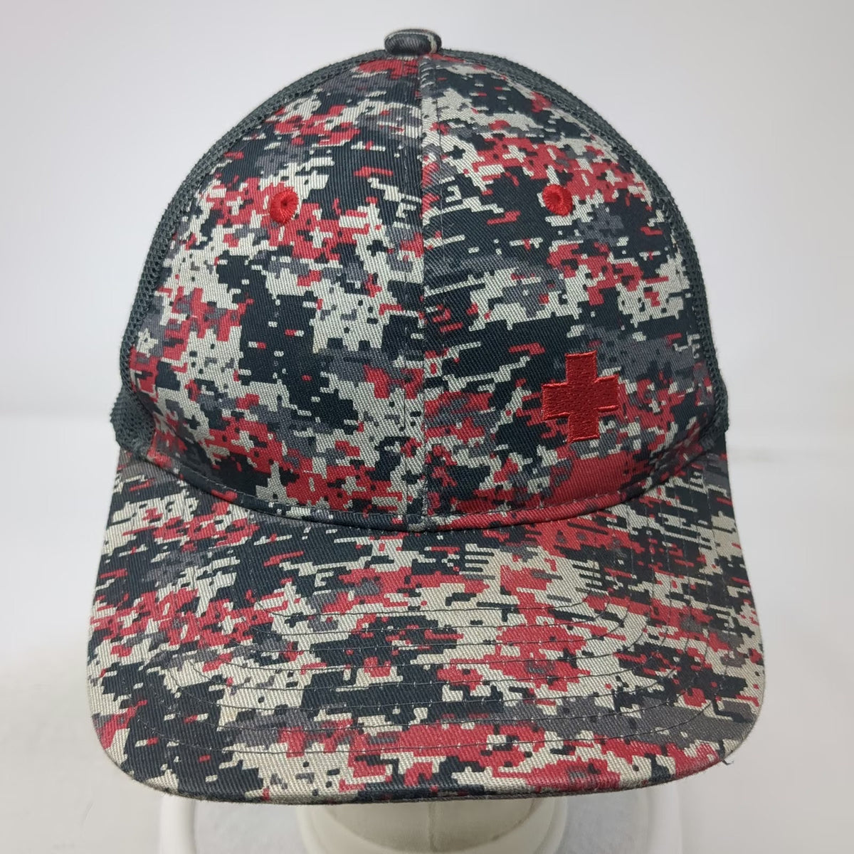 Port Authority Trucker Hat Gray One Size Digital Camo Red Cross Mesh Snapback