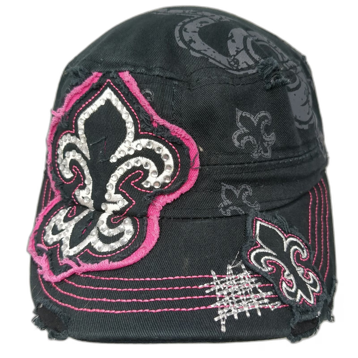 RainBow Army Cap Black OSFM Fleur De Lis Rhinestone Distressed Pink Stitch Hat