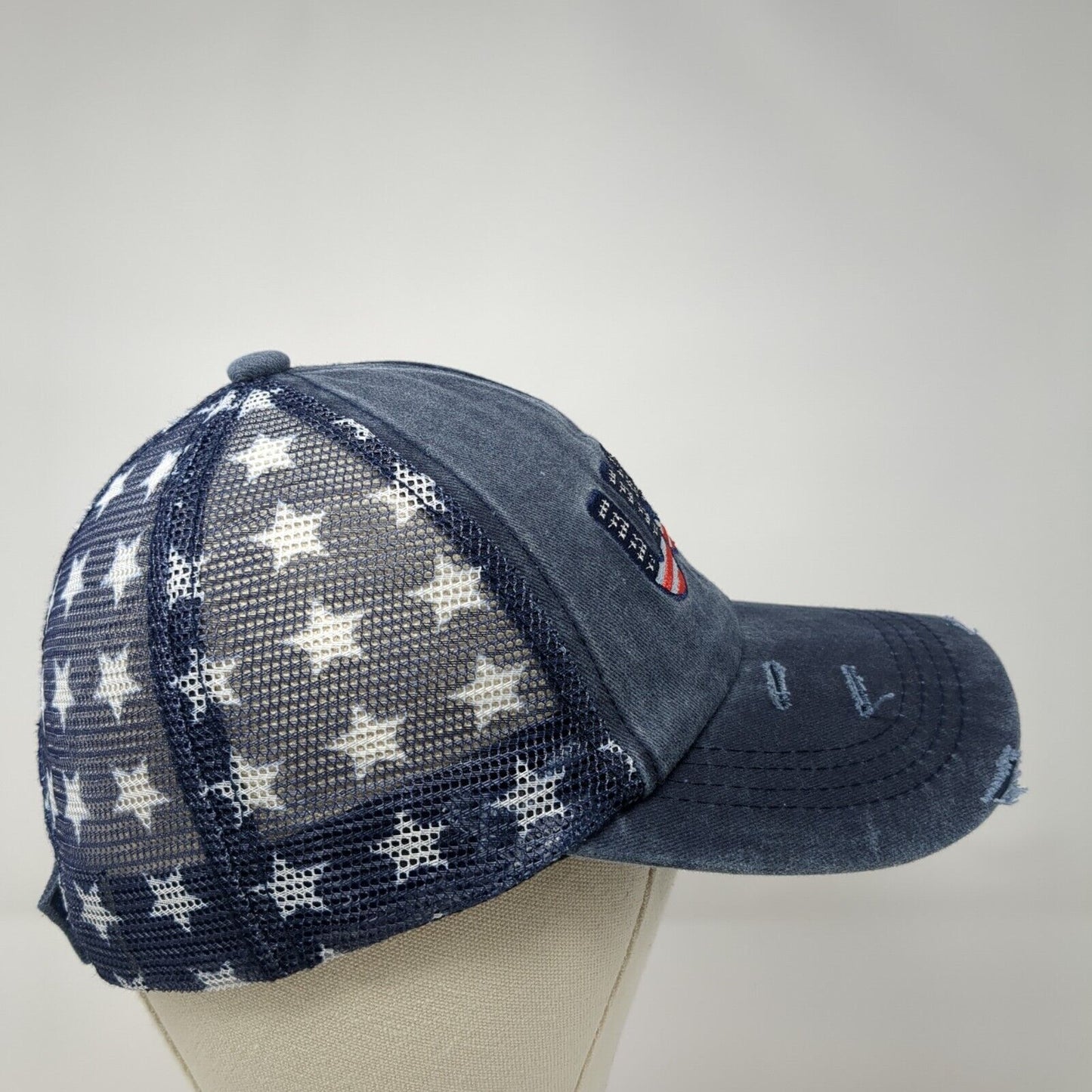 USA Strapback Trucker Hat Blue OS Adjustable Patriotic Distressed Mesh Back