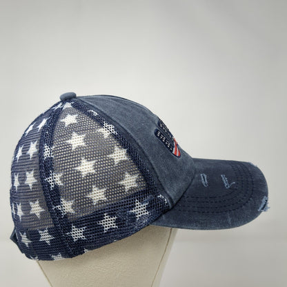USA Strapback Trucker Hat Blue OS Adjustable Patriotic Distressed Mesh Back
