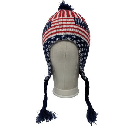 Armycrew USA Flag Beanie Hat Multicolor OS Ear Flap Pom Pom Patriotic Braided