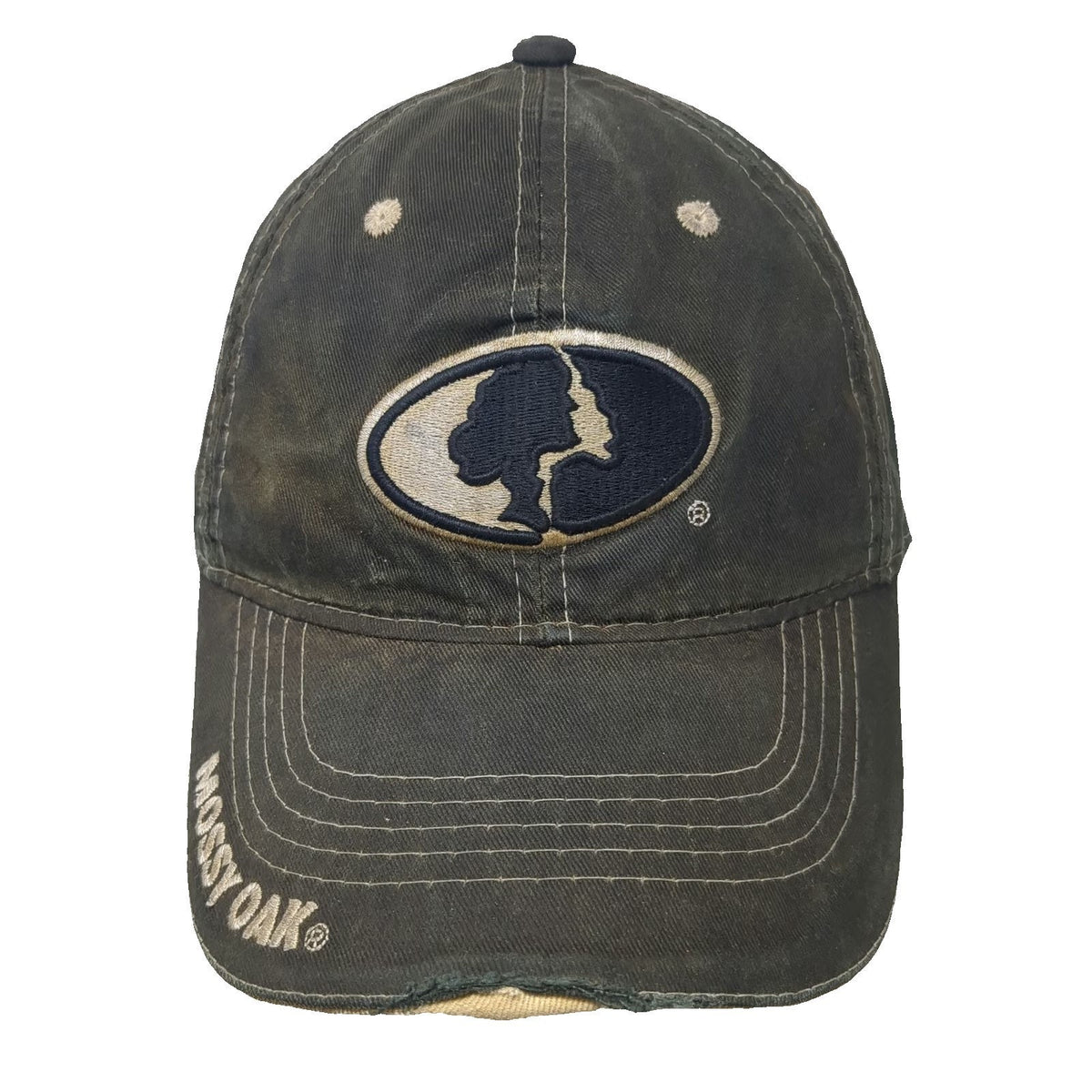 Mossy Oak Baseball Cap Black One Size Distressed Frayed Logo Strapback Hat