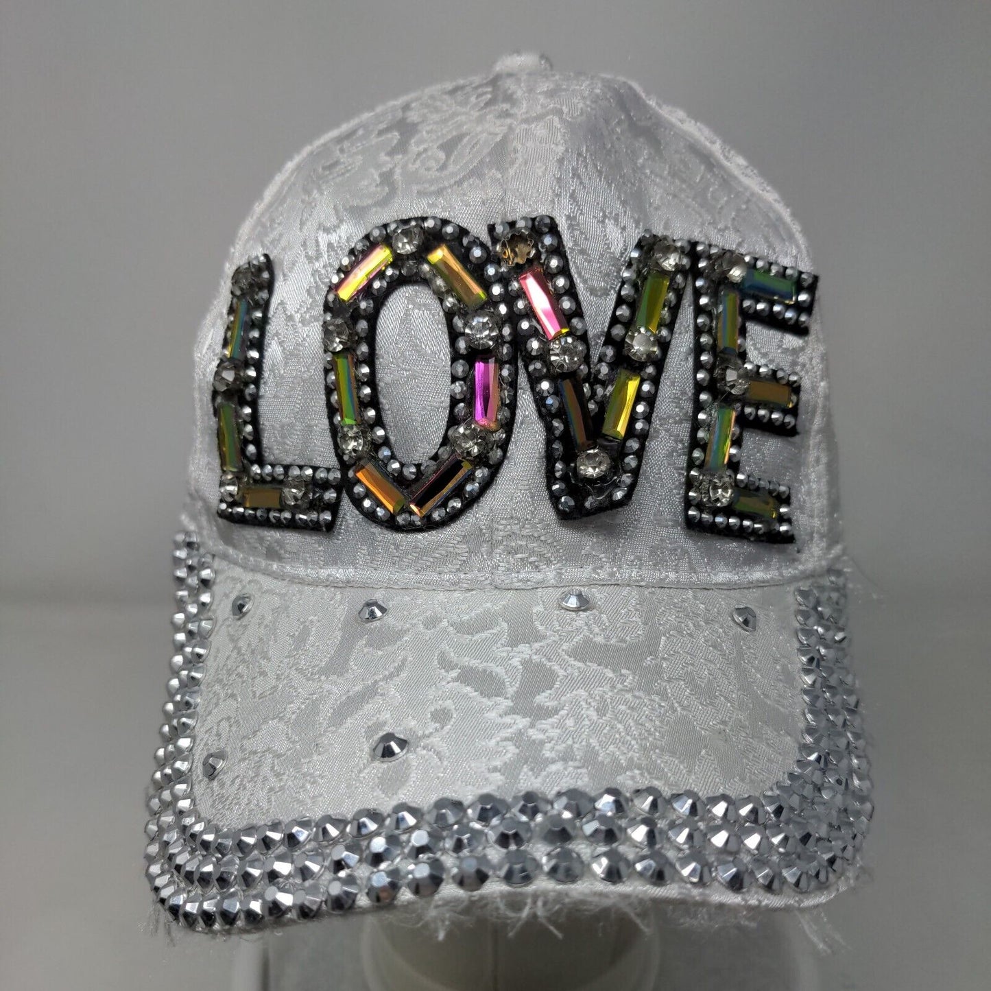 LOVE Snapback Hat White One Size Adjustable Embellished Beaded Bling