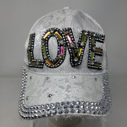 LOVE Snapback Hat White One Size Adjustable Embellished Beaded Bling