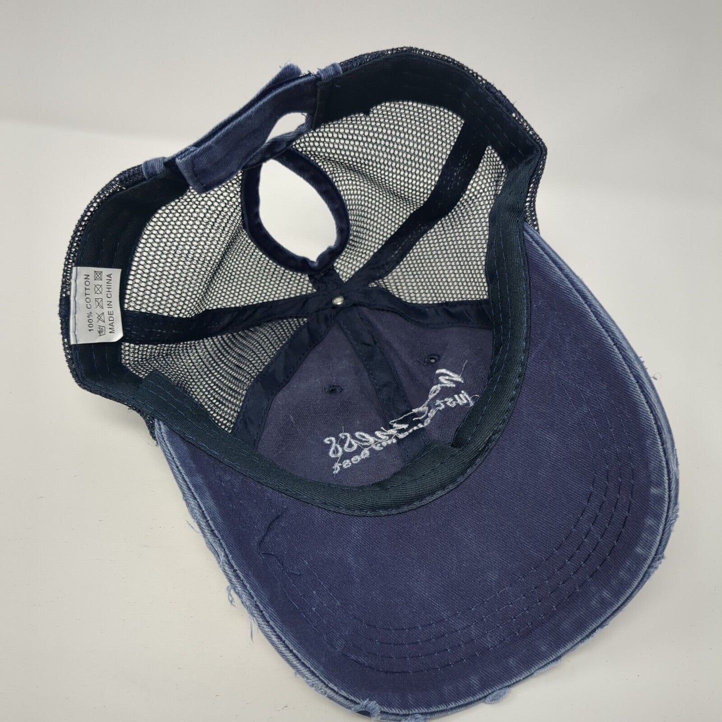 Hot Mess Just Doing My Best Ponyback Trucker Hat Blue OS Mesh Back Distressed