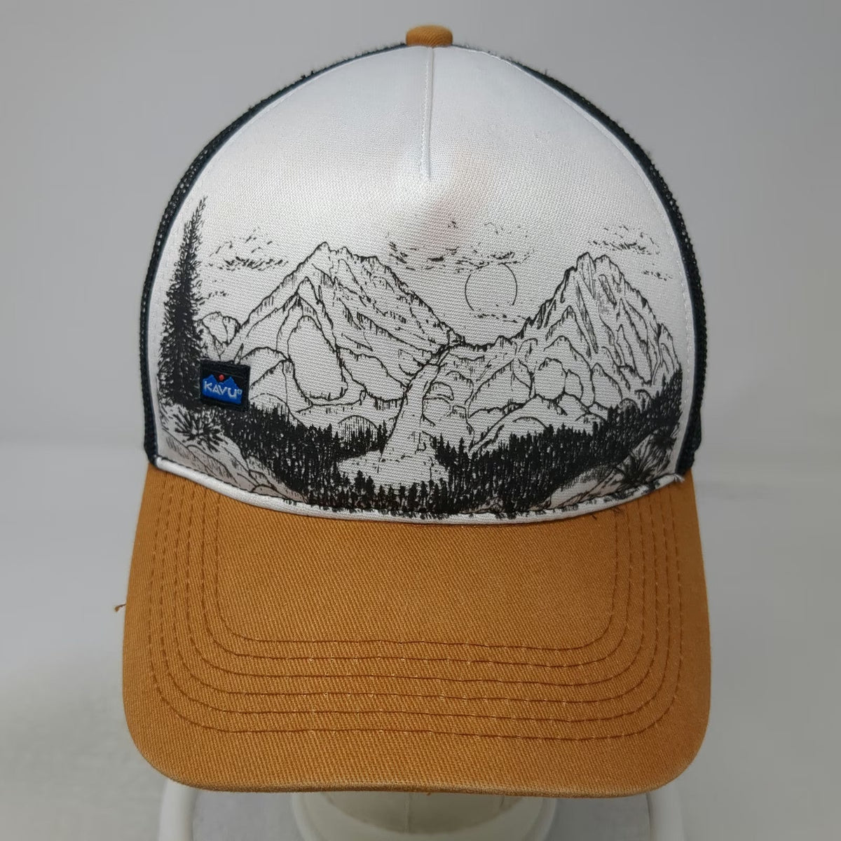 KAVU Trucker Hat Orange White Mountain One Size Mesh Snapback Outdoor Cap