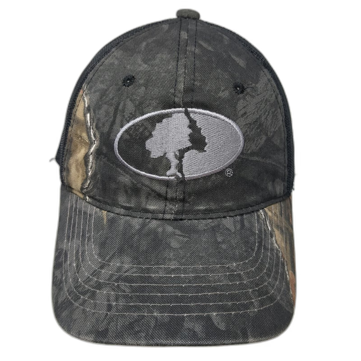 Mossy Oak Baseball Cap Black Gray Camo Mesh Back One Size Strapback Hunting Hat