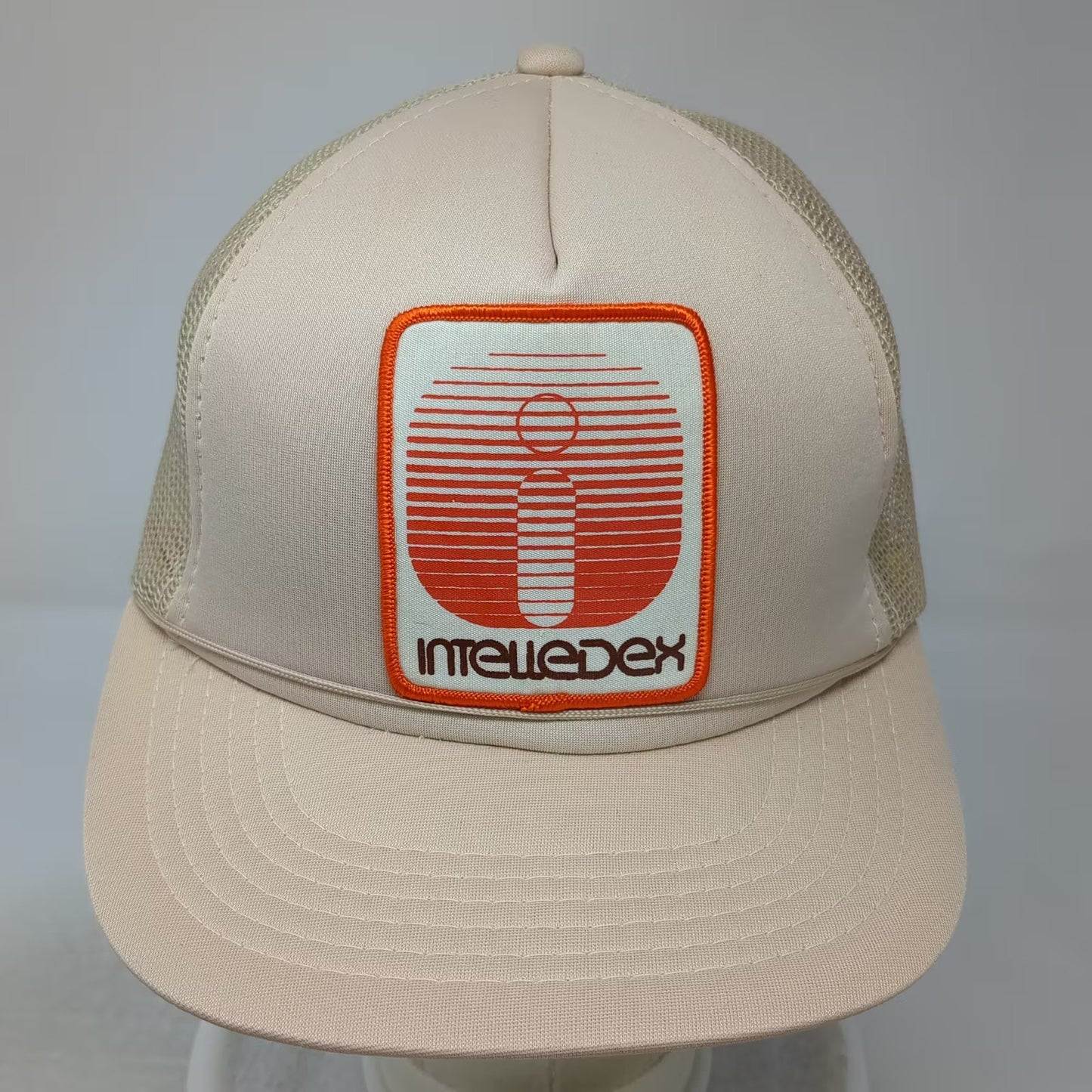 Young An Intelledex Beige Trucker Hat OS Mesh Patch Snapback Graphic Vintage