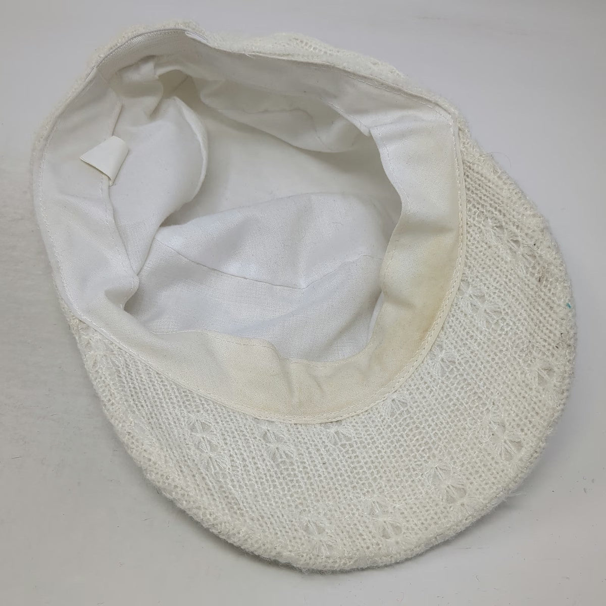 Army Cap White One Size Knit Pointelle Lace Pattern Polyester Elastic Back Hat