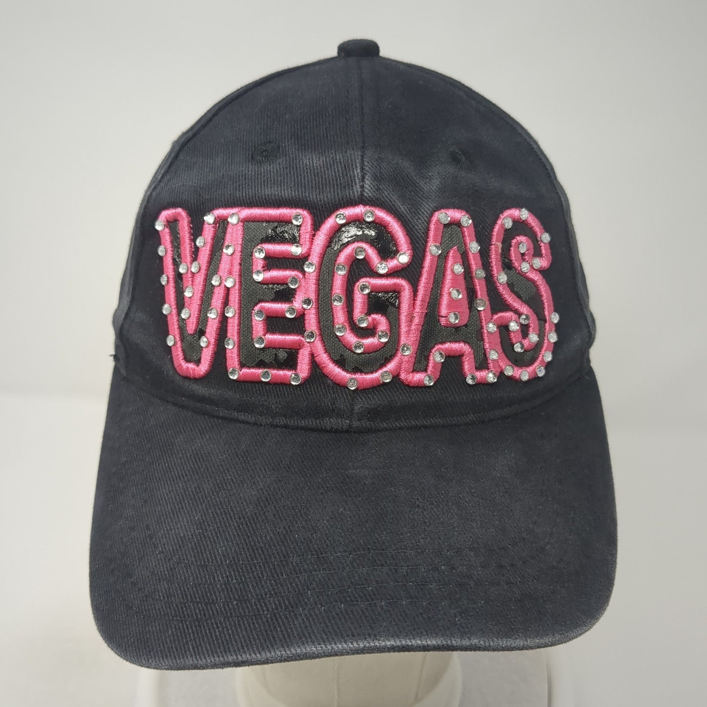 Vegas Rhinestone Strapback Hat Black One Size Adjustable Embroidered