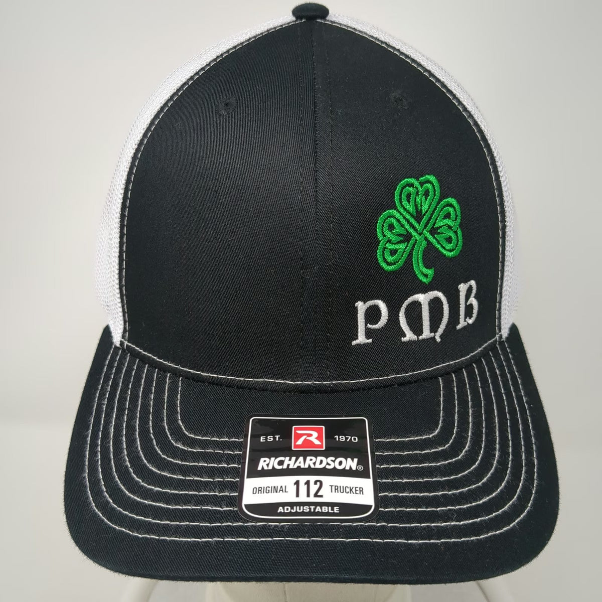 Richardson 112 Trucker Hat Black White One Size Snapback Mesh Shamrock PMB Logo