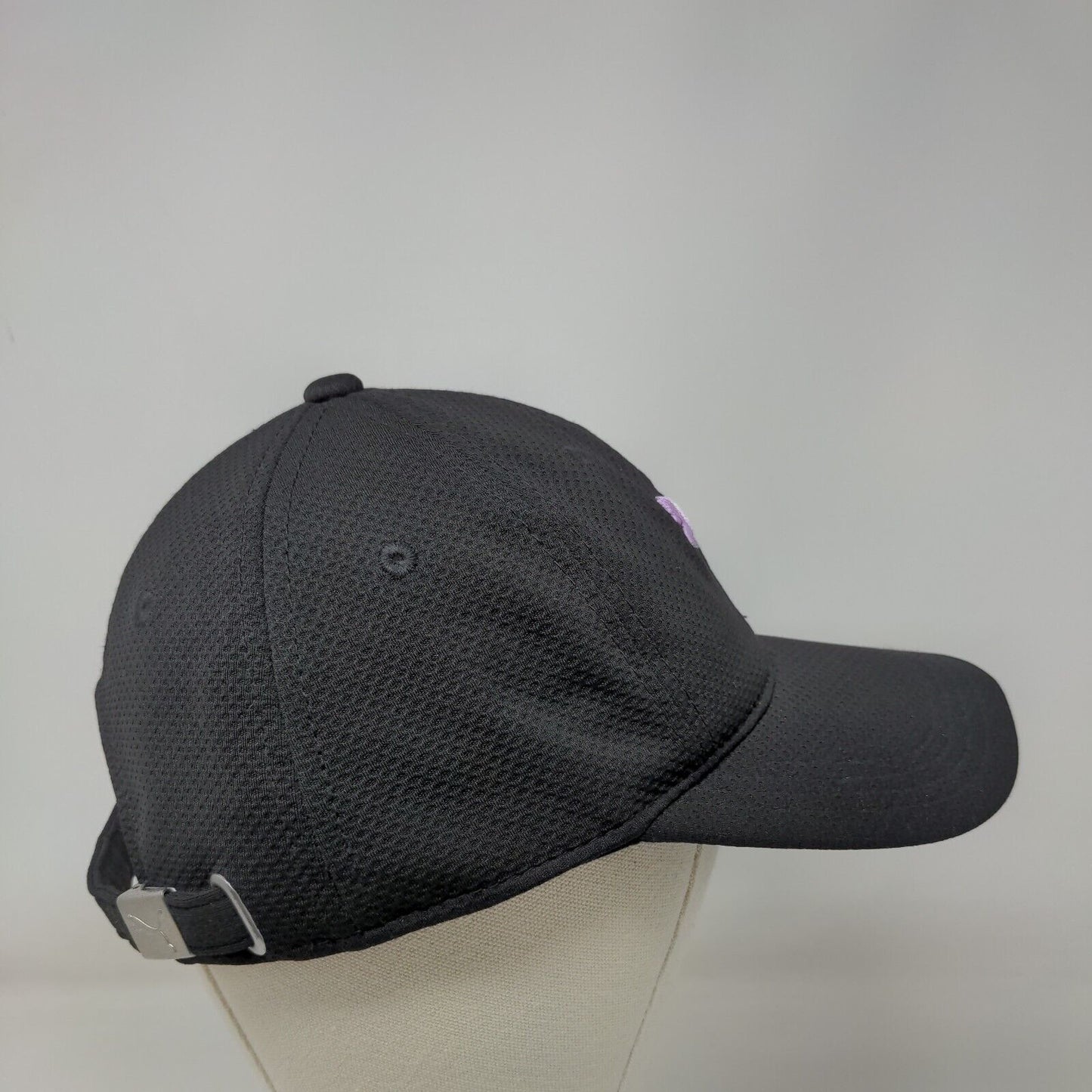 PUMA Slideback Hat Black OSFA Adjustable Embroidered Logo Vented Holes 6 Panel
