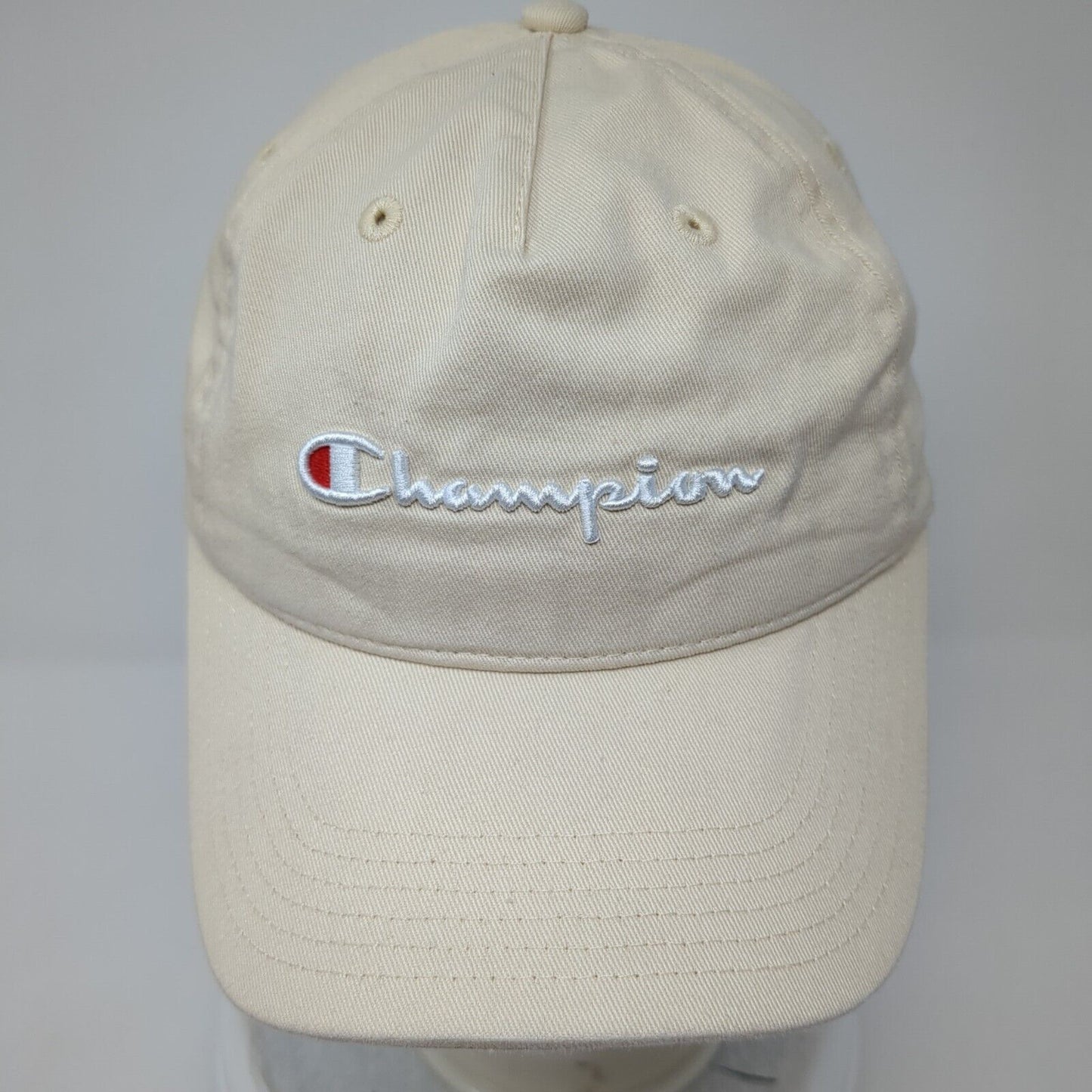 Champion Slideback Hat Tan One Size Adjustable Embroidered Vented Holes 6 Panel