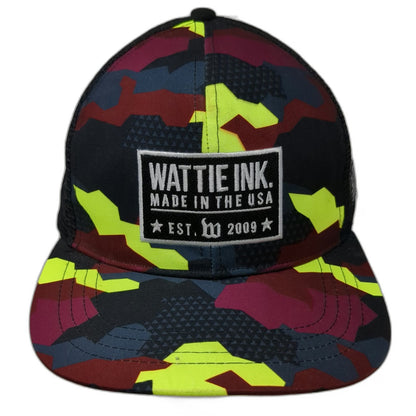 Wattie Ink Trucker Hat Black Geometric Camo Mesh Snapback Flat Brim One Size