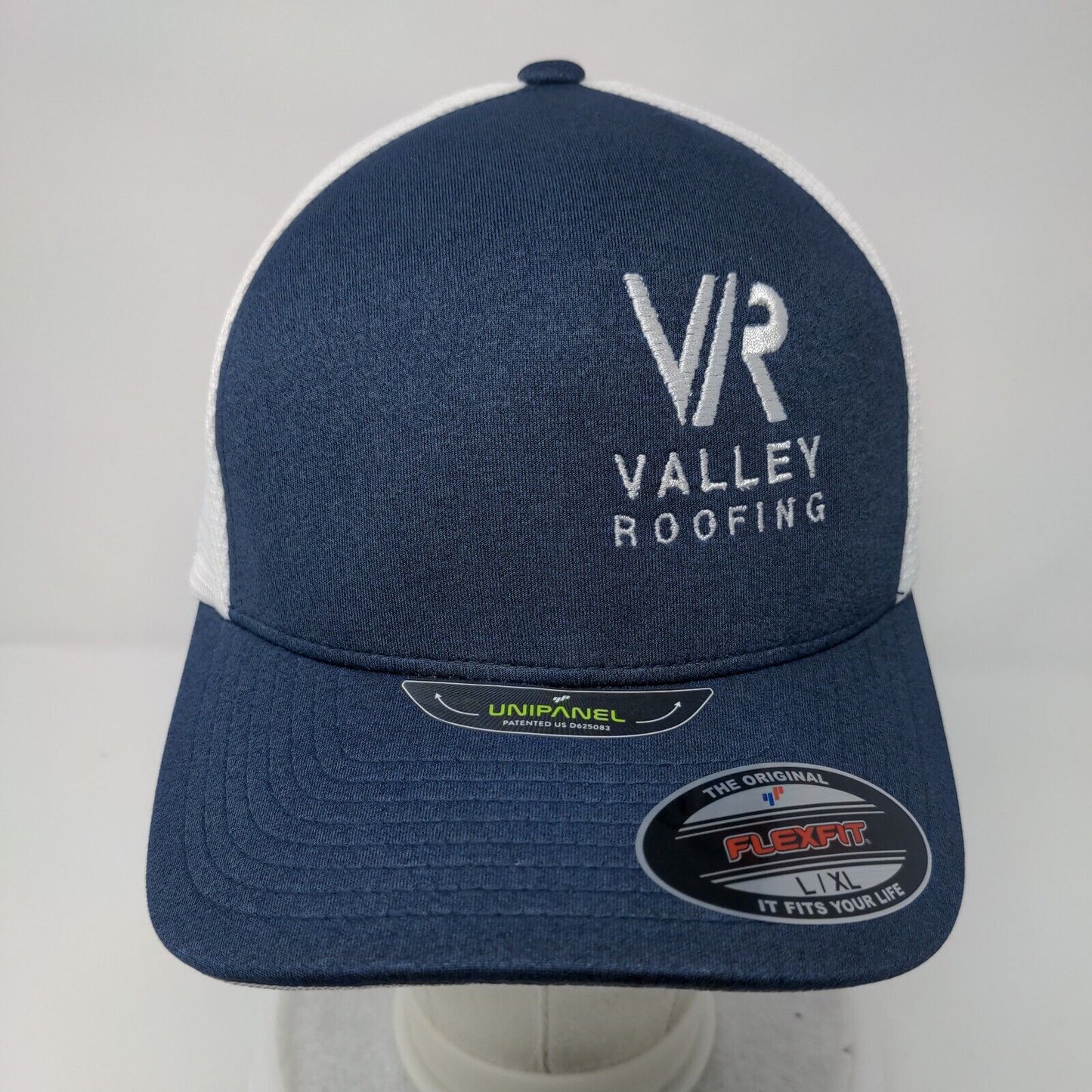 VR Valley Roofing Fitted Trucker Hat Blue L/XL Flexfit Mesh Back Yupoong