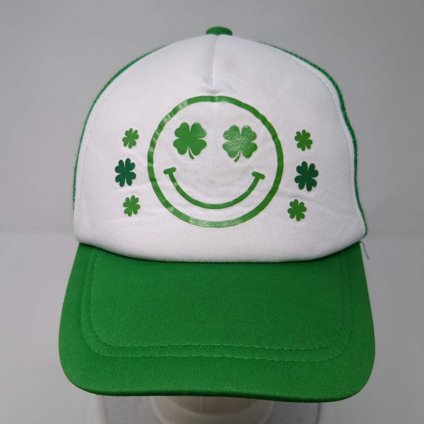 St. Patrick's Day Smiley Face Trucker Hat Green One Size Mesh Back