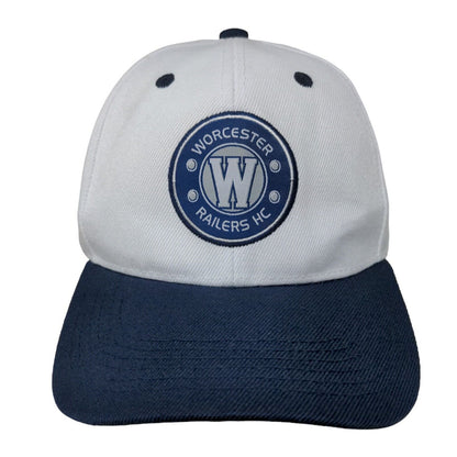 Melonwear Men's Strapback Hat White Blue Embroidered Worcester Railers Logo