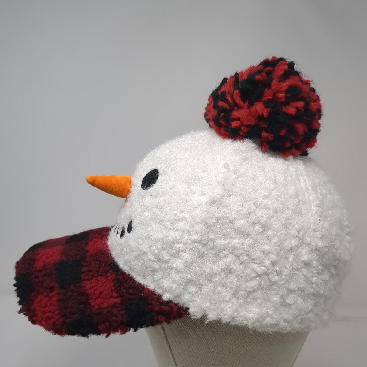 Holiday Time Snowman Sherpa Baseball Cap White Red Buffalo Plaid One Size Hat