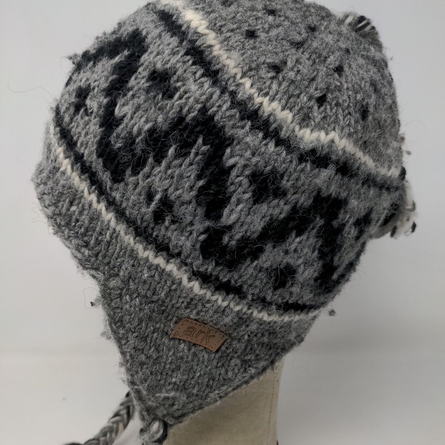 ARK Men's Knit Beanie Trapper Hat Gray Fair Isle 100% Wool Fleece Lined Nepal