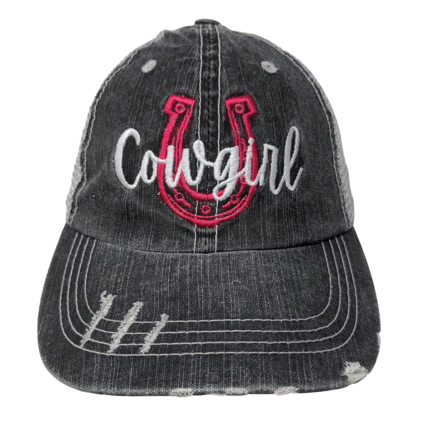 Cowgirl Horseshoe Strapback Mesh Back Trucker Hat Gray OSFM Embroidered