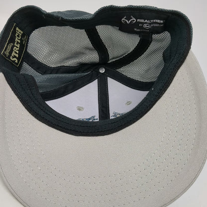 Realtree Baseball Cap Gray Blue M Fishing Hook Logo Mesh Back Stretch Fitted Hat