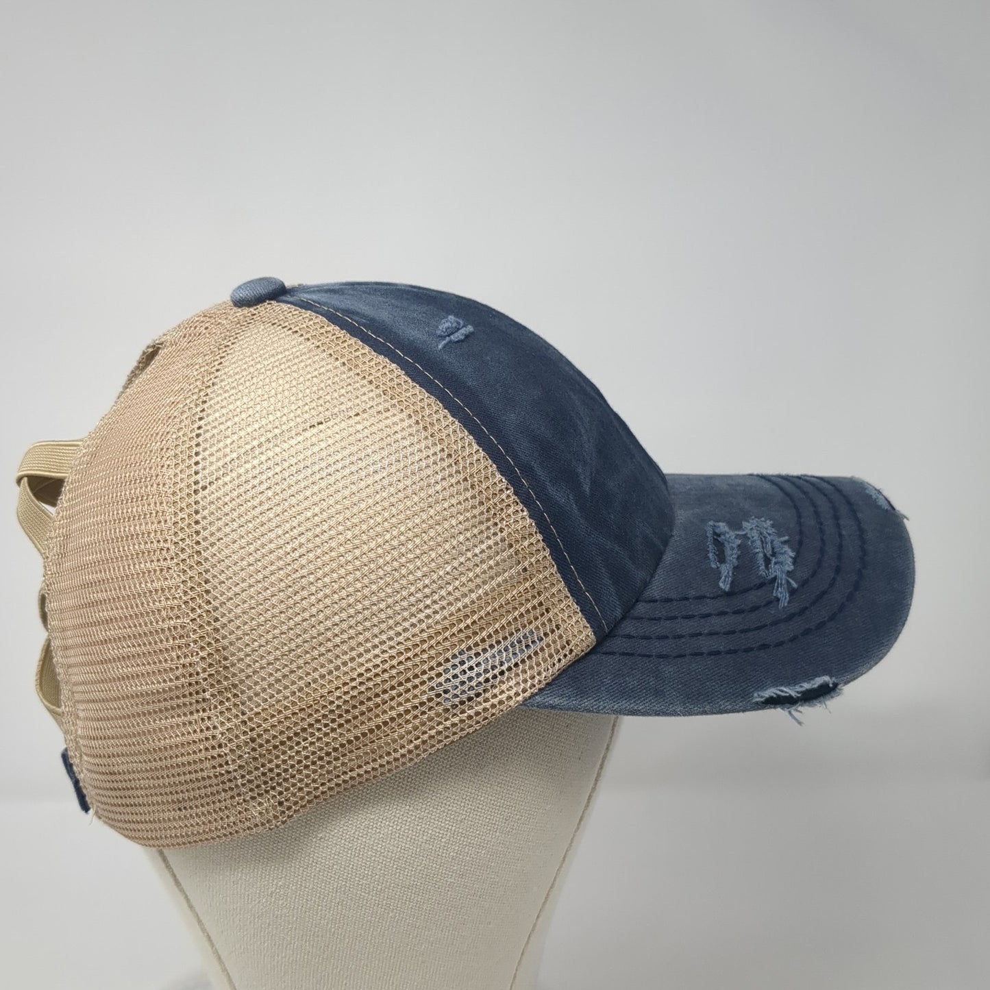 C.C Ponytail Trucker Hat Multicolor One Size Adjustable Distressed Mesh Back