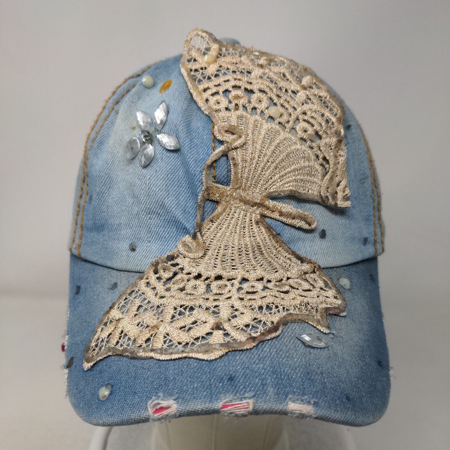 Butterfly Slideback Hat Blue One Size Lace Trim Beaded 6 Panel Distressed