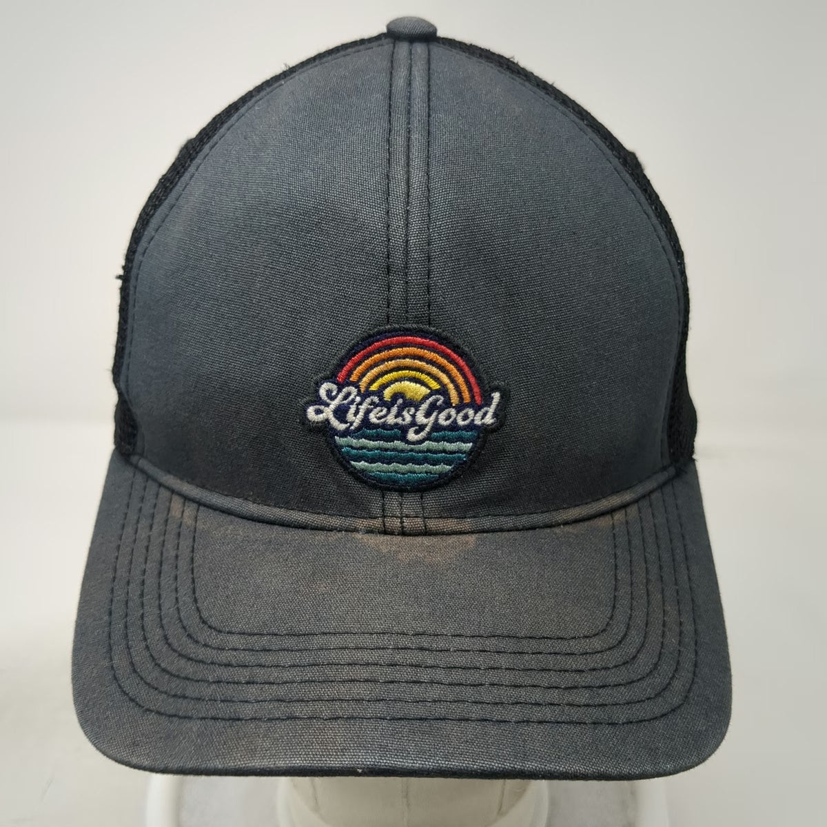 Life is Good Trucker Hat Blue One Size Rainbow Graphic Mesh Snapback Patch